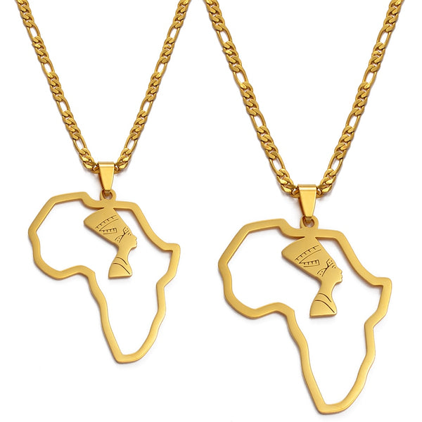 Africa Map Egyptian Queen Nefertiti Pendant Necklaces Women Men Jewelry Gold Color Jewellery African