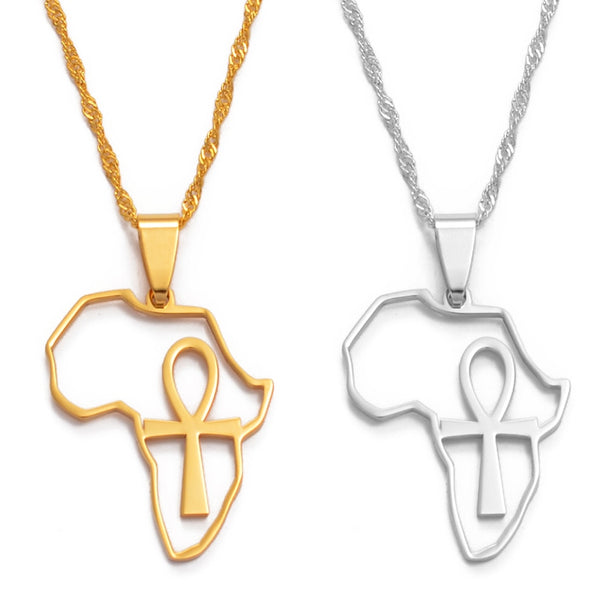 Africa Map Ankh Pendant Necklace Women Girl Gold Color Jewelry African Maps Chains Egyptian Symbol Cross