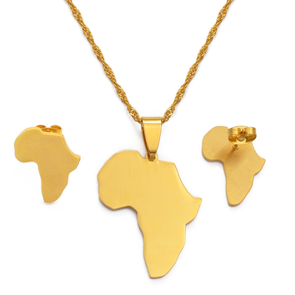 Africa Map Sets Pendant Necklace and Earrings Gold Color/Silver Color African Maps Jewelry Set for Women Girls